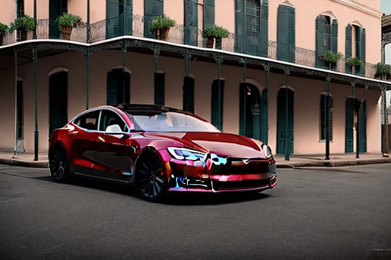 A Tesla 'Model Y' is parked, on the streets of New Orleans. (CINEMATIC, WIDE ANGLE LENS, PHOTO REAL)