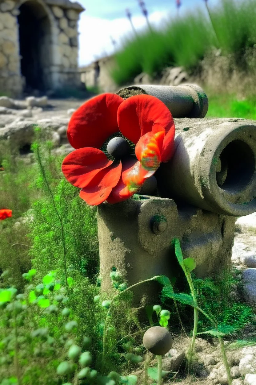 poppies growing out of a big abandon corroded old cannon