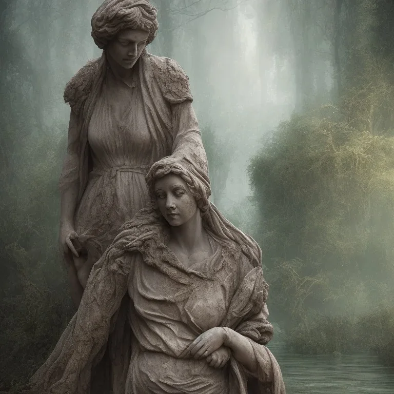 old statue wornderfull woman greek, abandoned between moutain, swamp, water, glass, fog, highly realistic, highly detailed, intricate, 8k