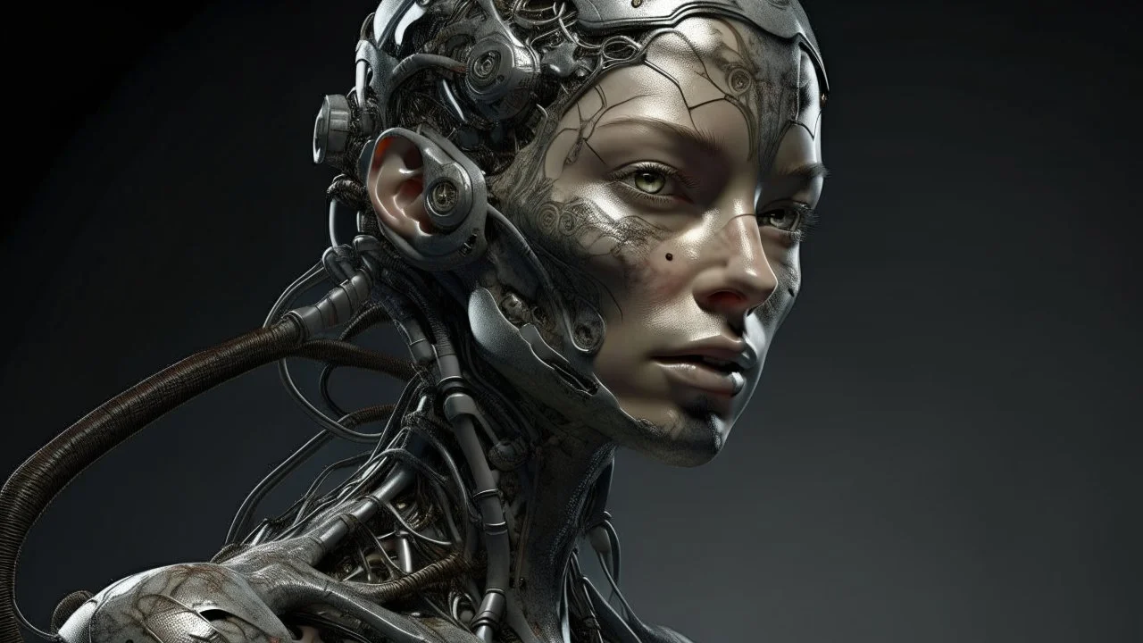 Cyborg female evolving | flesh is growing absorbing the Metal | concrete floor | detailed | fine art | highly detailed | smooth | sharp focus | ultra realistic | full body portrait view, Mysterious