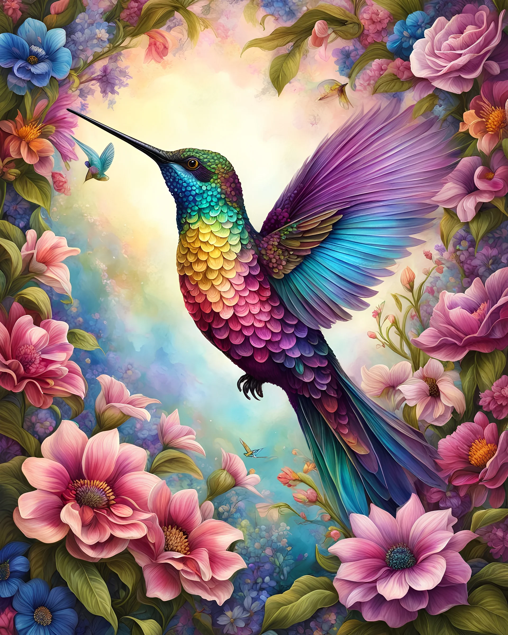 Full body cute floral hummingbird in spring flowers in the style of Josephine Wall, dark pink and beige, colorized, highres, detailed fur, realistic, vibrant, springtime, detailed eyes, professional, atmospheric lighting. High resolution, 8K,