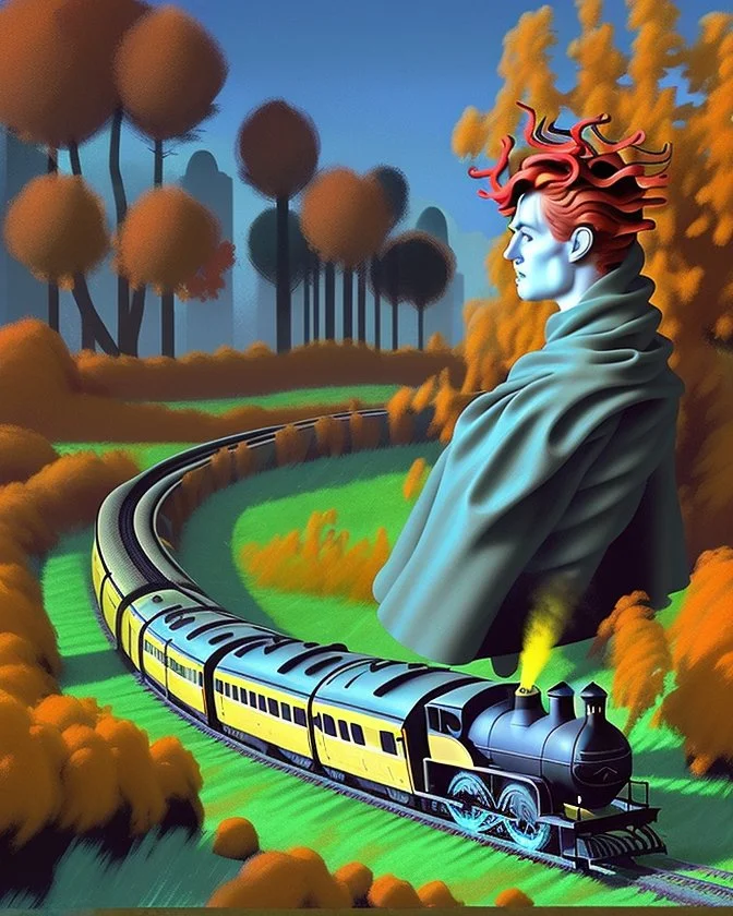 Created with Bing / Dall-E 3 option, using variations of the prompt below. ♨️ Prompt: (((Magritte, Klimt, Miró effect))). Monolithic man, Blue/yellow checkered suit, black hat, red hair, sitting on a grassy mound. Steam locomotive approaching a red brick tunnel under the mound. Surreal helix trees with green/orange foliage. Metallic blue crooked dwellings with cracked glaze and smoking stacks. A dark blue sky with flying birds and snow-capped mountains. Ultra Detailed, 3D, 16K. Modern Surrealism
