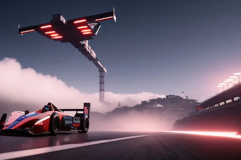 Futuristic formula race car hovering just above track, cyberpunk style, fog