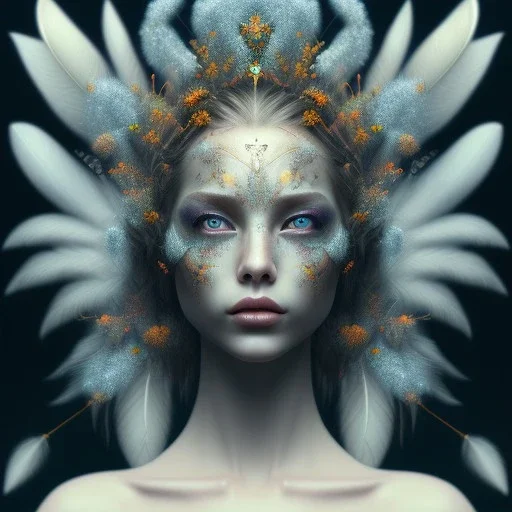 Portrait of beautiful girl, face dept of field,face shining, plant, metal, feathers,central weight average, CWA Dryad, fae, sidhe, ominous, nature, plants, wildflower sparkle,wildflower 3d view, facepaint, dnd character portrait, intricate, oil on canvas, masterpiece, expert, insanely detailed, 4k resolution, retroanime style, cute big circular reflective eyes, cinematic smooth, intricate detail , soft smooth lighting, soft pastel colors, painted Renaissance style,sharp fucus, bokeh,macro lens,