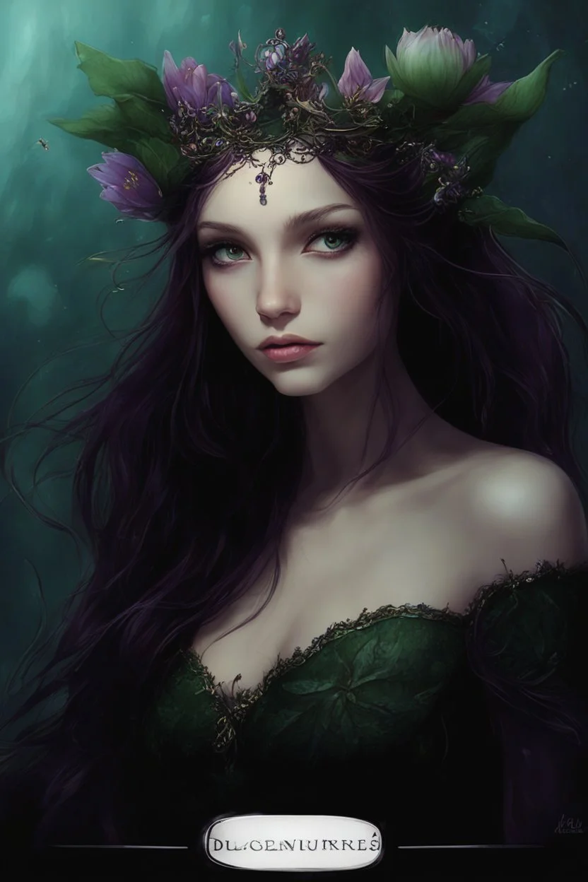 Dark green hair Water lilies long hair lotus night Fairy princess rapunzel hair queen crown dragonflies fireflies elven tiara flowers fairy wings gothic purple