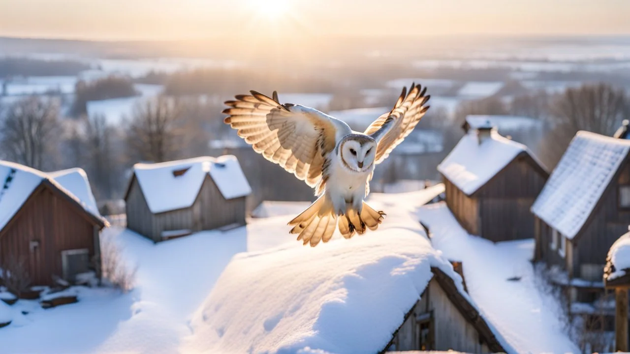 angel's view barn owl seen from the back from the top view flying over a winter small village, snowy landscape, little light, sunrise, some small Hungarian old country houses from above, perspective, high detailed, sharp focuses, photorealistic, cinematic