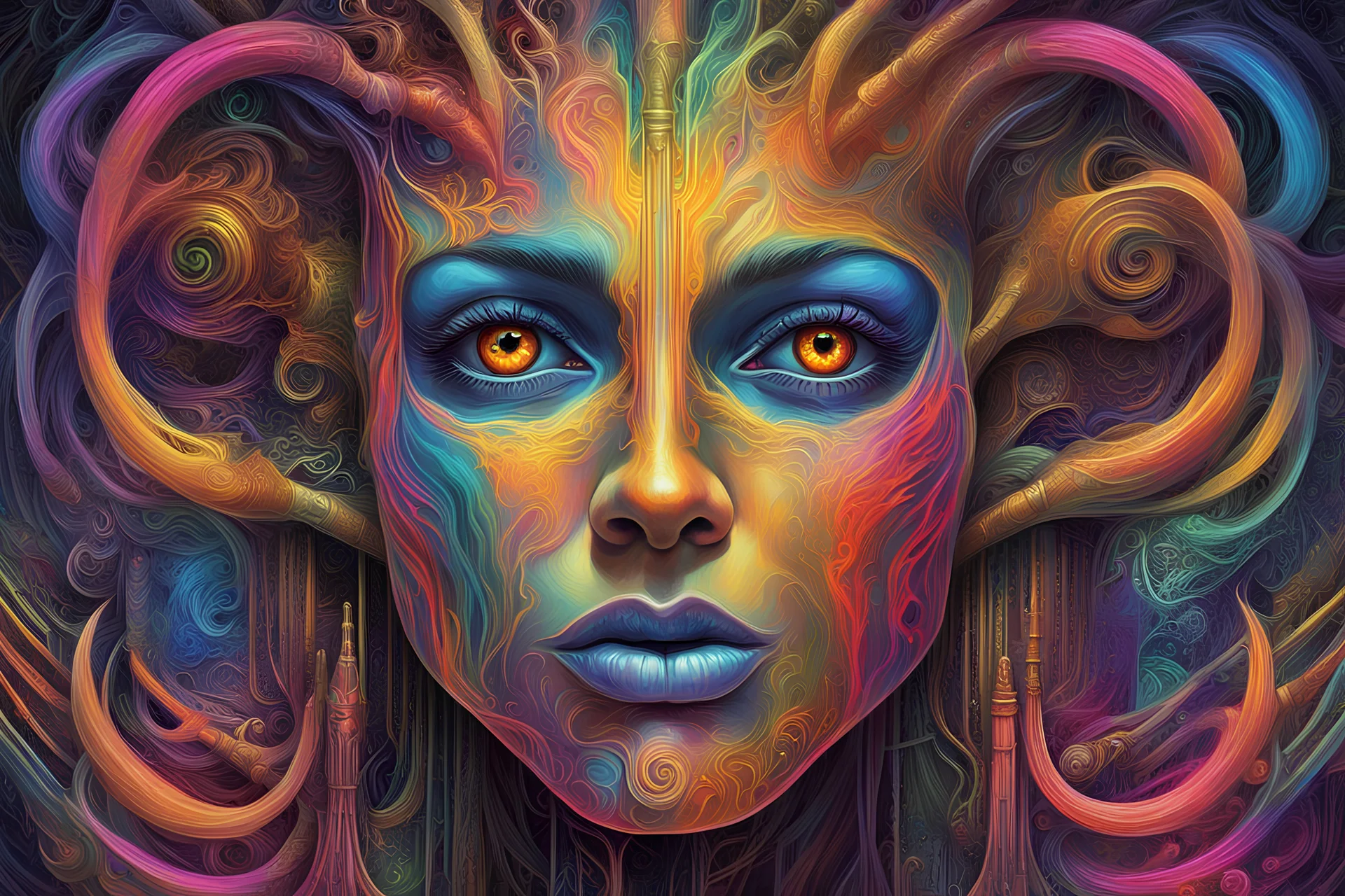 a painting of a face with many different vibrant neon colors, behance contest winner, maximalism, maximalist, tarot card, poster art, sf, intricate artwork masterpiece, ominous, matte painting movie poster, golden ratio, trending on cgsociety, intricate, epic, trending on artstation, by artgerm, h. r. giger and beksinski, highly detailed, vibrant, production cinematic character render, ultra high quality model