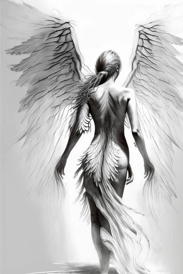 full body woman angel from back, angel wings rip through her skin, bun haired angel wearing long tunic ultra realistic drawing