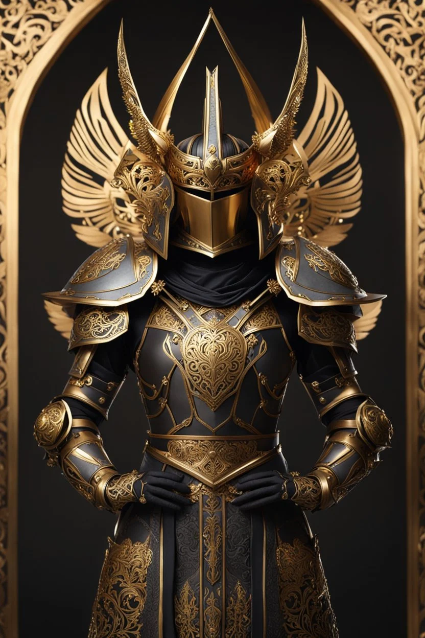 Full body photography,front_view, dark Lord ooking at viewer,traditional dress ornaments mechanical_armor,intricate armor, delicate golden filigree, intricate filigree, black metalic parts, detailed part,desert background, dynamic lighting