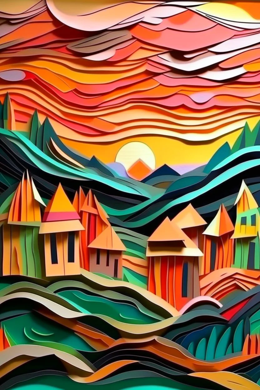 paper art, the scream style, colors of a storm of emotions and especially fuuz peach, sunset in fuzz peach colors, above rural houses in an old European style atmosphere, colors of a storm of emotions and especially fuuz peach. cubism style