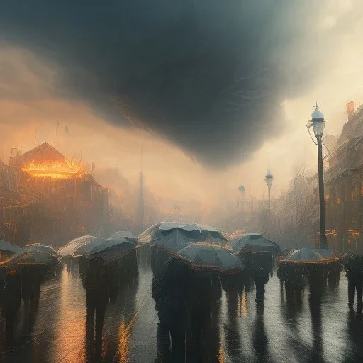 A giant umbrella. Big Open umbrella. open on a city street. Umbrella Fire. stormy day. Fireballs and storm clouds. Horizon. Dark sky, cascade, rain. Elegant. Extremely detailed. Award winning photography. Fantasy. 8k. Cinematic lighting. Photorealistic. Dynamic lighting. Imperial colors. Crisp quality. Unreal Engine. Colourful cinematic postprocessing.. VRay.