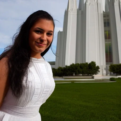 A Latina young woman in a dress in front of a Mormon temple in sunshine in the style of DaVinci