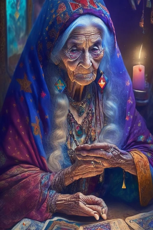 A 76 year old gypsy woman doing a tarot reading