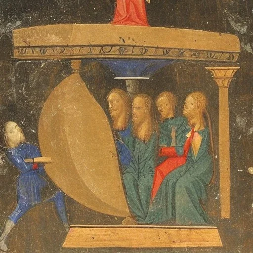 medieval painting of a medieval fountain with a water splitting face