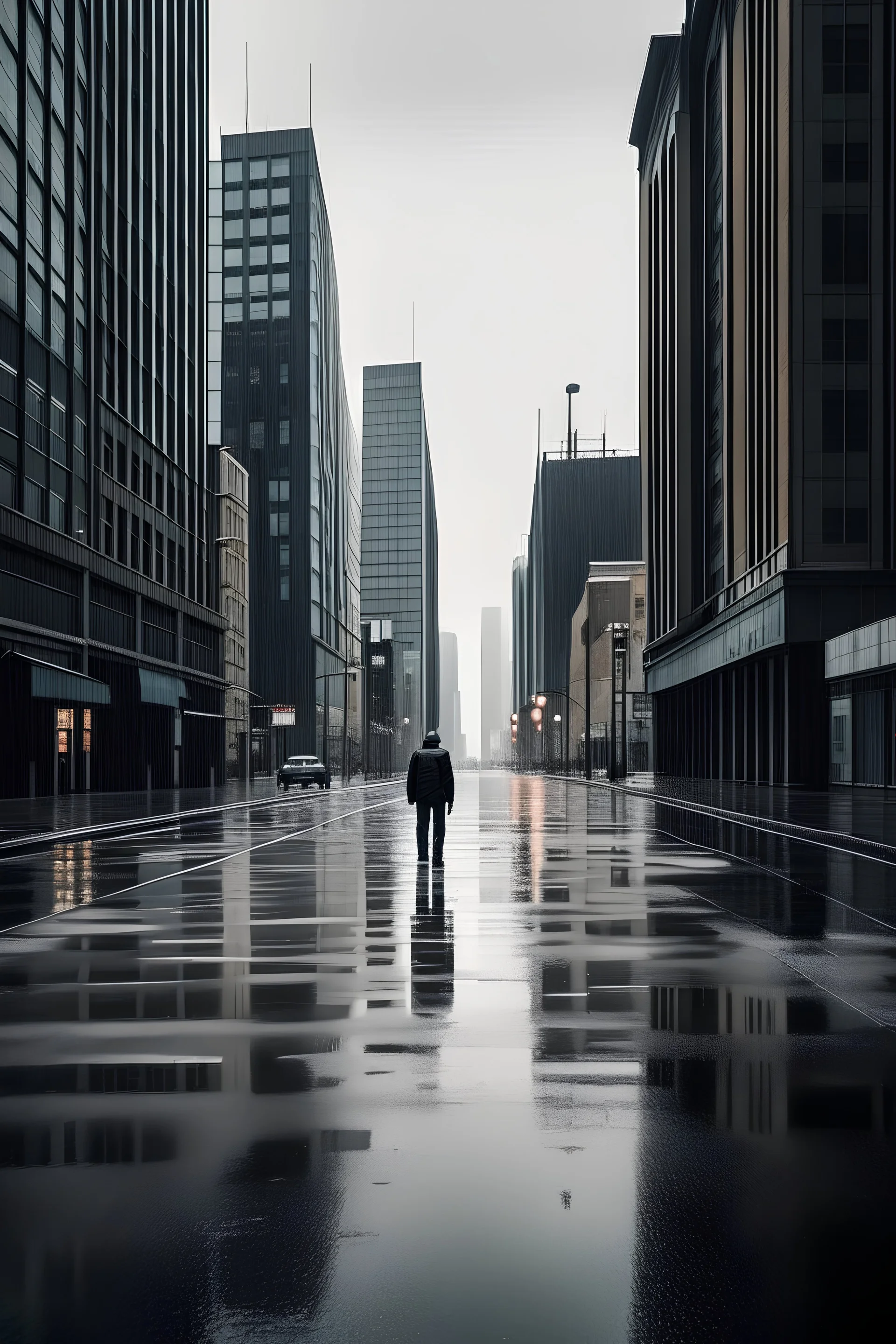 Avenida central de una ciudad grande vacía, lluviosa, con un hombre cabizbajo caminando en el centro de la misma.