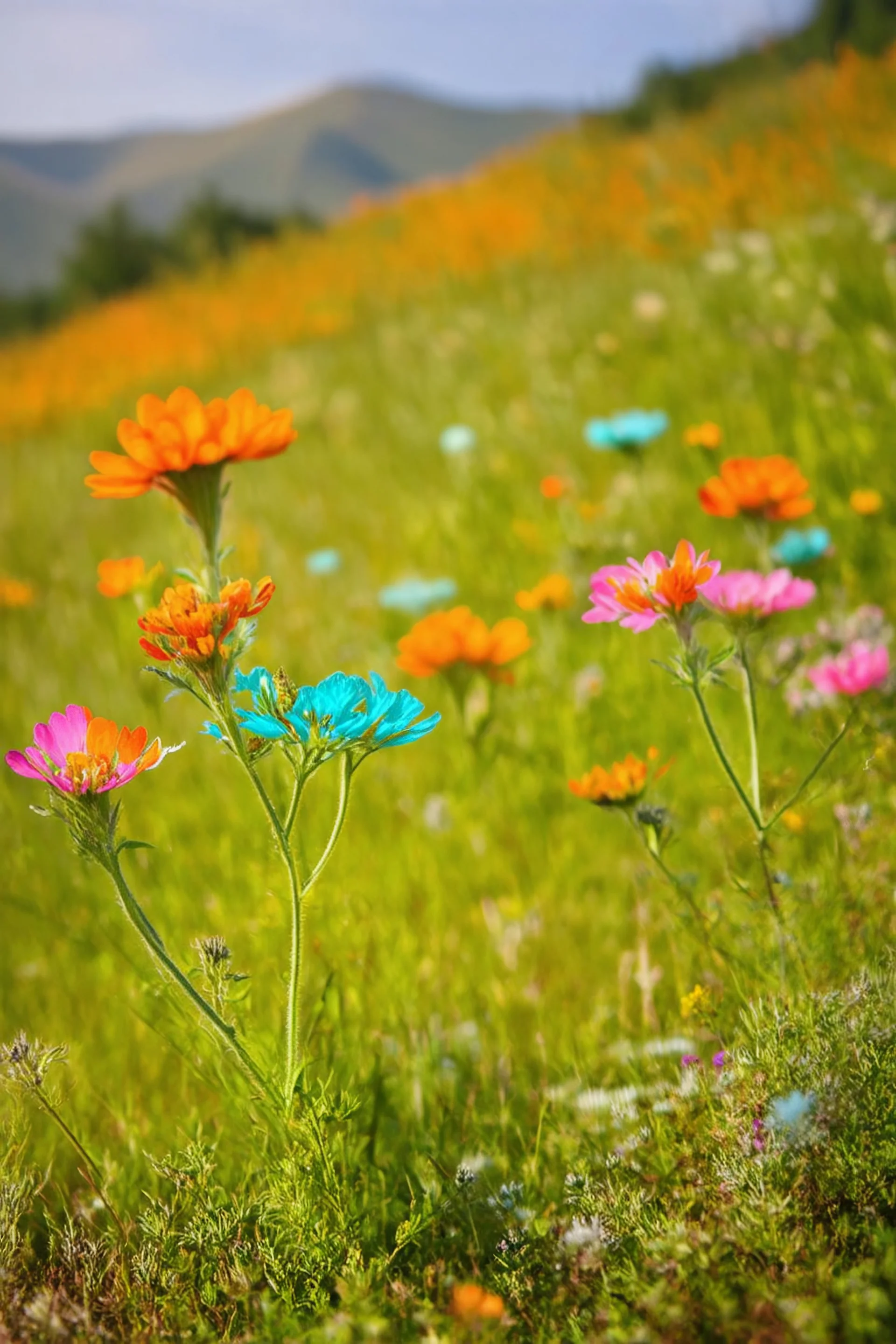 Old kodachrome, In the mountain, wild flowers, orange, pink, turquoise, in the sun, delicate, bokeh