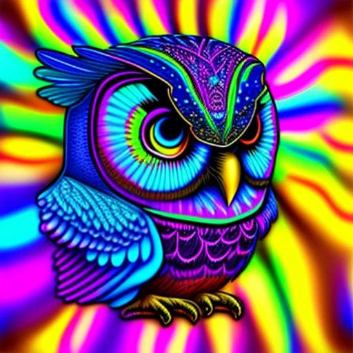 Brightly colored owl with ornate wings and a glowing eye
