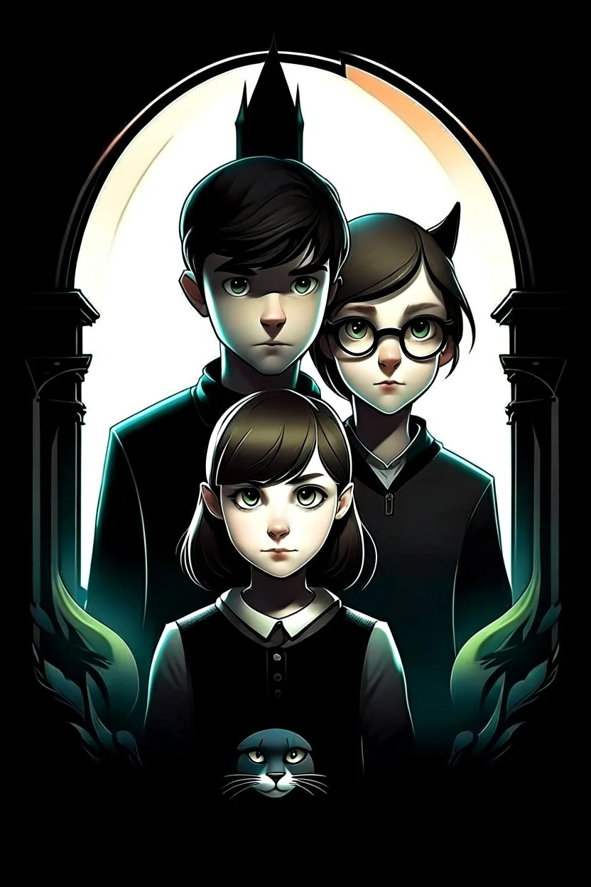 Design a book cover for fantasy criminal story. One girl and two boys in the centre. Black Cat as a company. The book is for teenagers. Modern style.