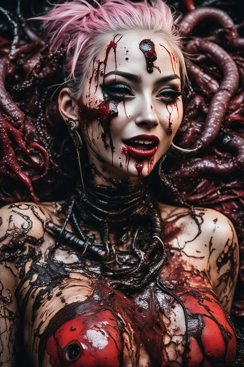 Tank girl, lying pose, his skin turned translucent revealing a network of black veins that extended like roots beneath her epidermis,smiling meanwhile many worms streaming from his mouth, latex suit, highly detailed, fullbody, splashes blood, behind guts rising from the ground, macro photography by <Junji Ito>, darkred tones,