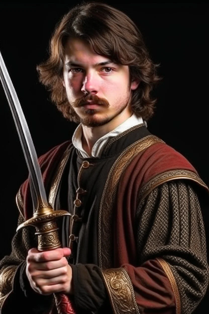 young european brown hair adult royal guard swordsman with rapier