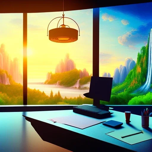 large desk, parquet, sheet of paper, little pen, office chair in front of a huge picture window with large view on a waterfall with warm light, sunset ,pixar style, panorama, nature, globe, HD, Hallelujah mountains, view first person