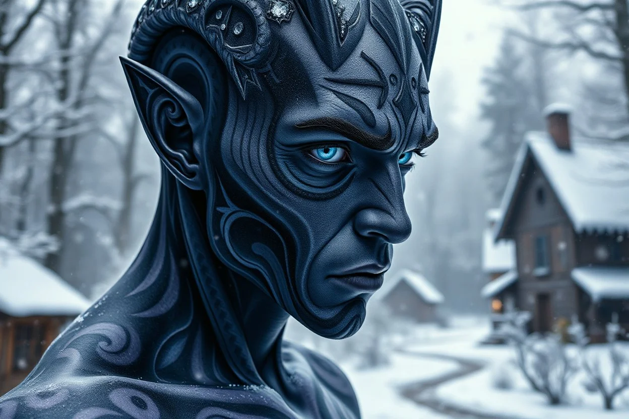 holographic simulation, beautiful xenobiotic alien man demon, scandinavian black tattoo on the body, super detailed face, blue eyes, against the backdrop of old dzherevyanny houses in the winter forest, falling snow in winter, professional photo, 4k, high resolution, high detail, close-up, octane, body art, patterns, lavender color, silver wire, artistic elven fantasy, filigree, dark botany, ultra detail, dark botany, photorealistic image