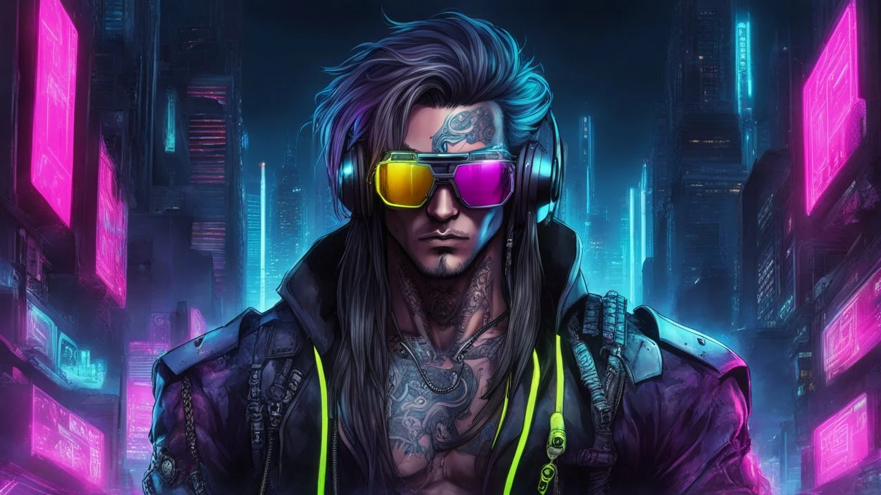 male cyberpunk solo with long hair, korean, Wearing Urban Gang Flash and mirrored dark sunglasses, headaphone, strong cyber warrior, black tatoo, attrakvtive man, Retroanime, rembradt lighting, neon complementary colors, dark vibe, scifi