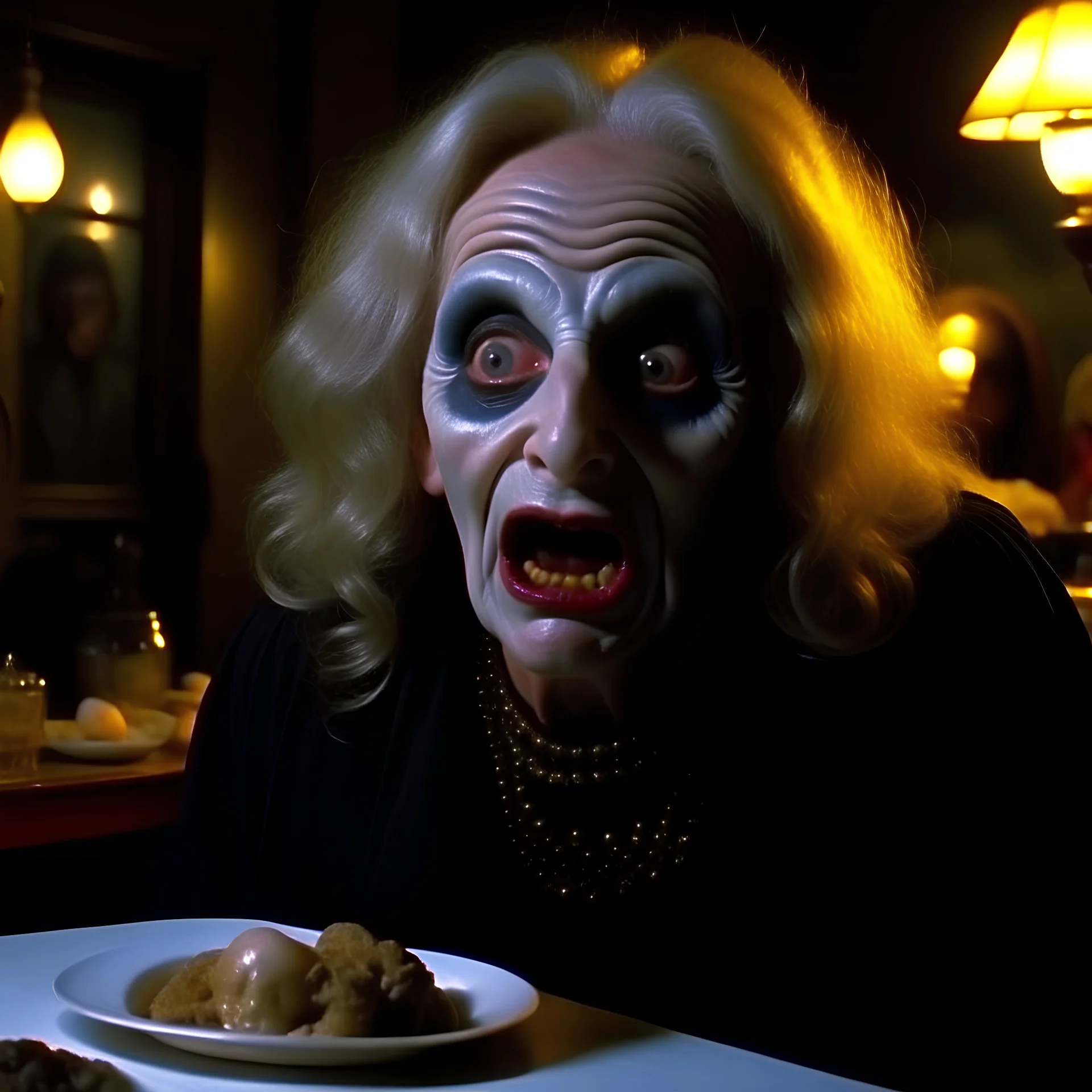 Spooky, ultra realistic distress, dining, ultra realistic hot woman, giant nose, organic hot bondes, dynamic, anguish, excited and lively scene, hypermaximalist figures, Creepy the Ring Alfred Hitchcock, Sam Raimi, insanely detailed, sinister, John Carpenter, Dario Argento, ornate