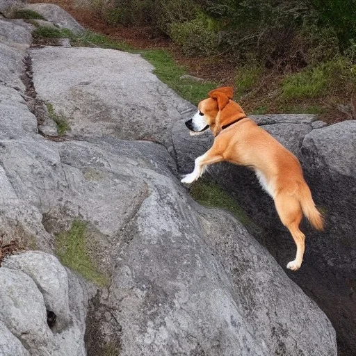 a cute dog jumping over a ravine