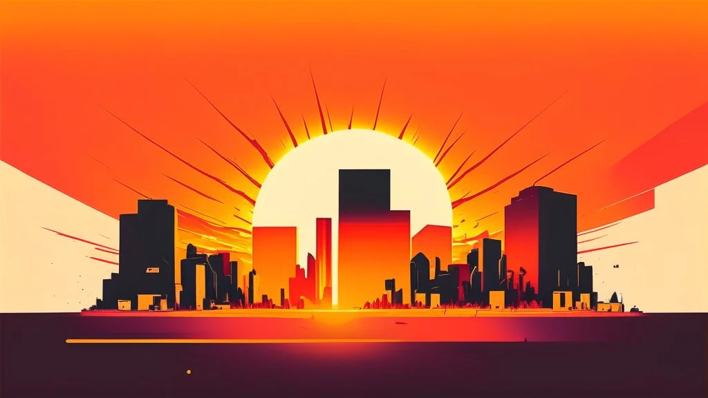 minimal design,shapes, synthwave, synthwave sun, synthwave city, simple,iconic:1.8), Explosion of color in city, comic style