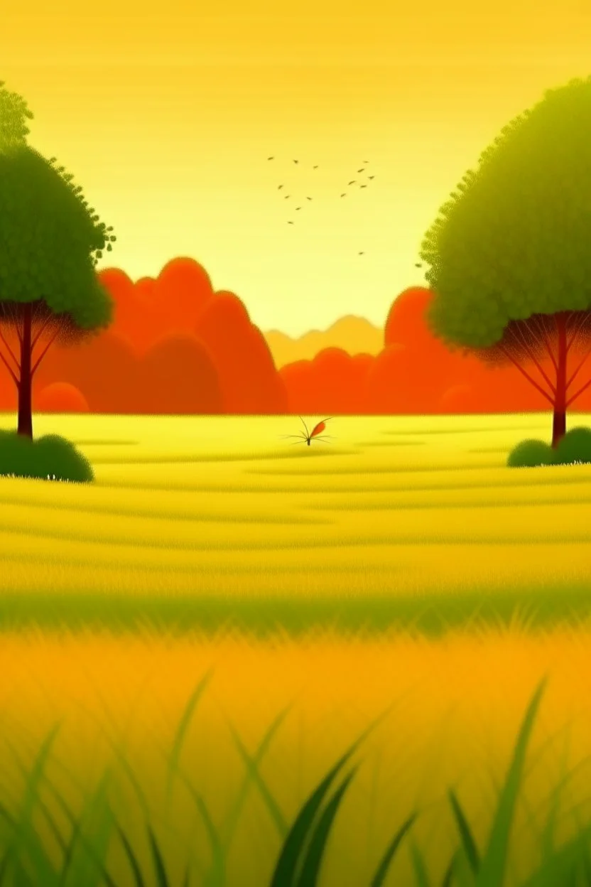 Rice field，Trees，Warm color palette，Animation，A lovely grasshopper