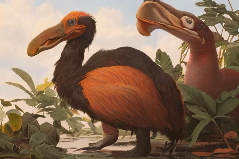 John James Audubon-like illustration of a fully uncropped Dodo bird and a Platypus in a chinoiserie landscape of warm yellows, warm reds, and warm blues