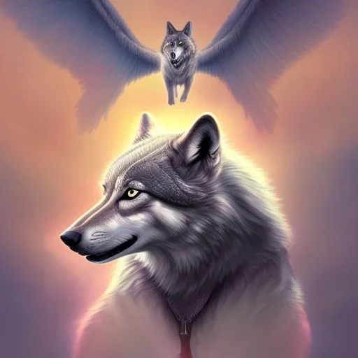 Wolf riding on the back of flying goose