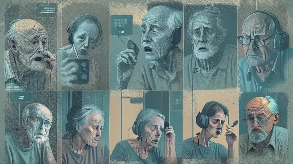 8 panels showing 8 different older addicts talking on the phone