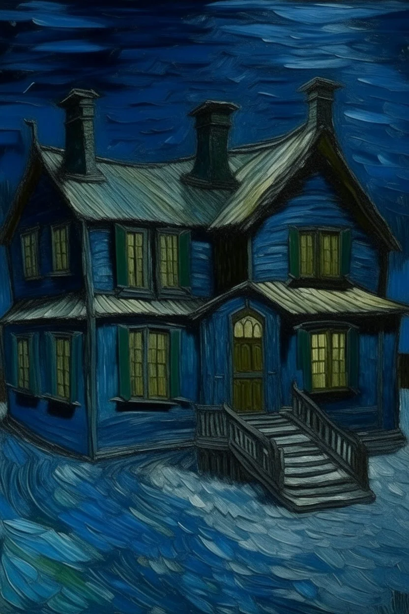 A dark blue ice covered house with siders designed in Scandinavian folk art painted by Vincent van Gogh