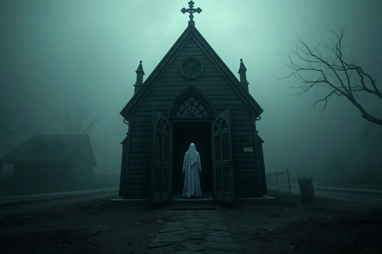 { "prompt": "A creepy, old church in the middle of a foggy, deserted town. The doors are ajar, and a pale, ghostly figure stands in the doorway, staring out into the fog. The atmosphere is dark and eerie, filled with a sense of foreboding.", "size": "1792x1024" }