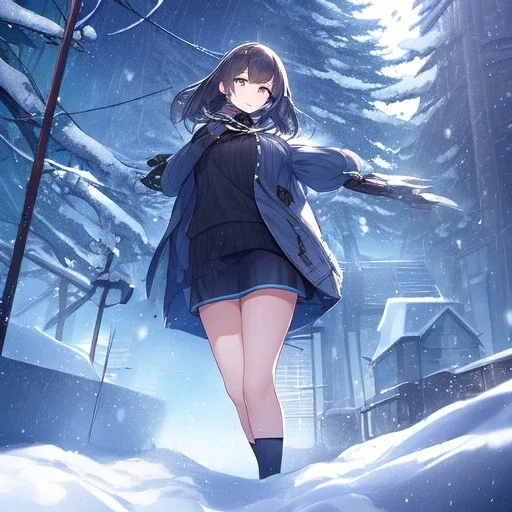 Clear Focus, High resolution, a girl in the snow, wearing a short skirt