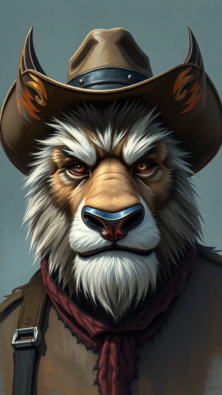 fantasy, oil color , humongous strokes, stylistic, portrait, illustration, furry, cowboy .personable face