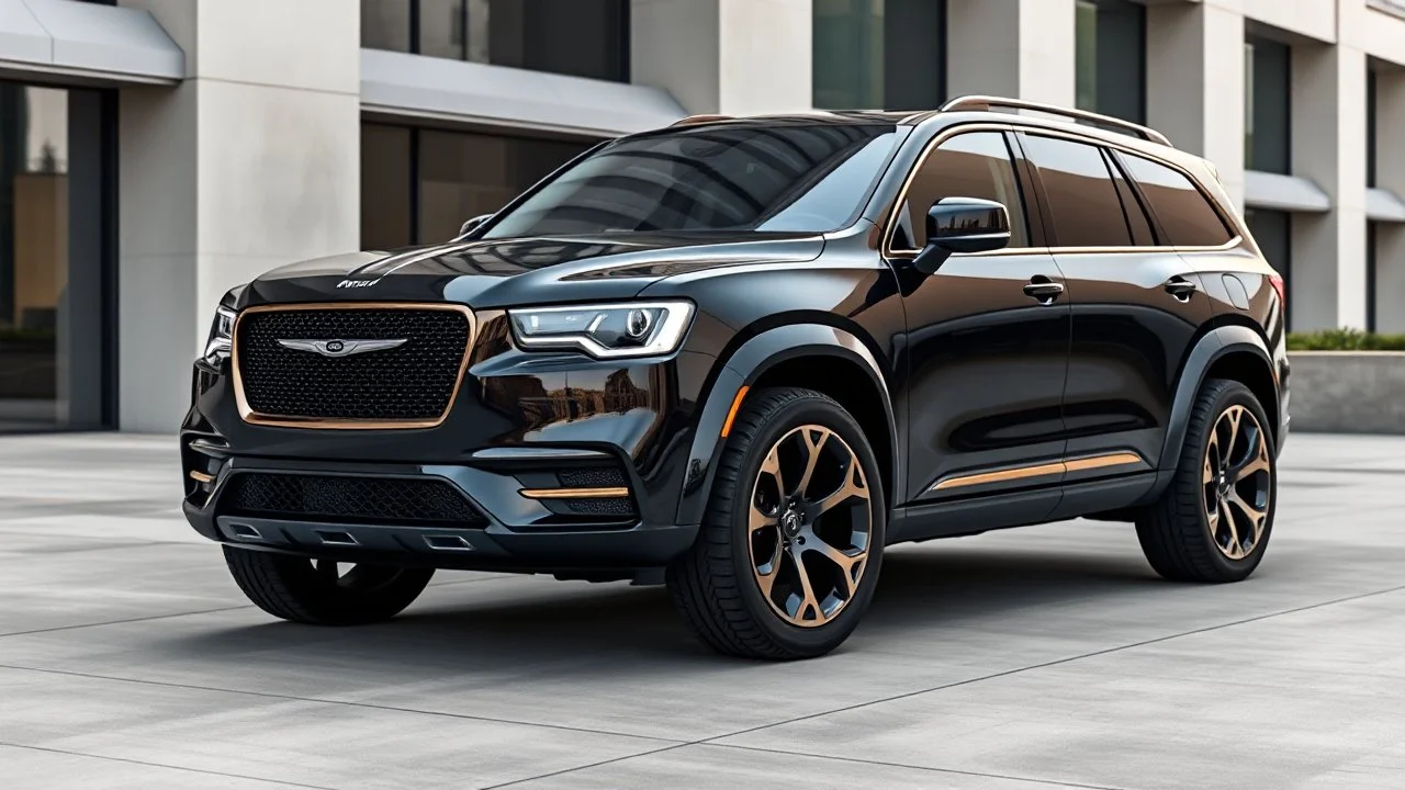 "Imagine a Chrysler 300C 2024 reimagined as a luxury SUV. It features a bold front grille, elevated stance, wide fender flares, and large chrome-trimmed wheels. The design blends elegance with rugged SUV elements, including full LED headlights, a panoramic glass roof, and chrome accents. The SUV is a deep metallic black with subtle gold detailing, set against a modern urban backdrop."