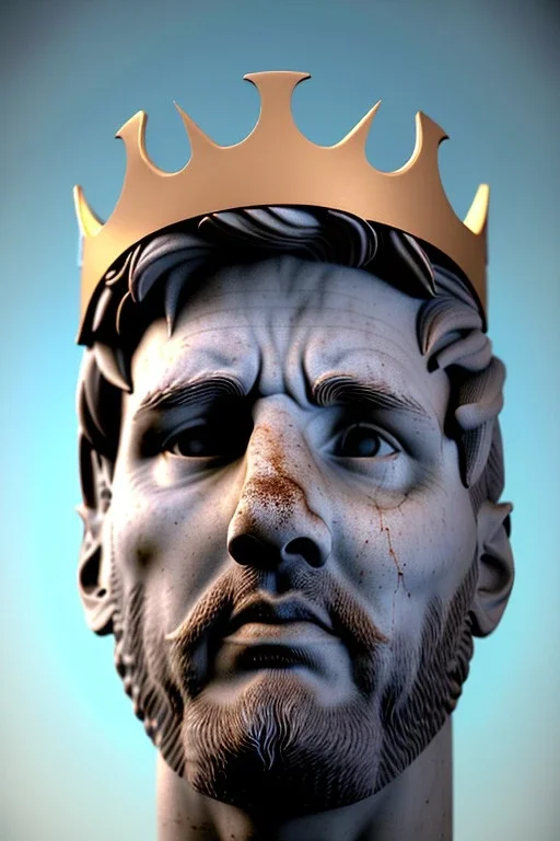 Ultra Realistic image, Roman sculpture, white marble material, Lionel Messi, gold crown of natural thorns, god crown, Renaissance style, sun rays background, waist up portrait, epic, celestial, cinematic lighting, God lights, 4k resolution, smooth details, soft lighting, unreal engine 5, art station, substance 3d.