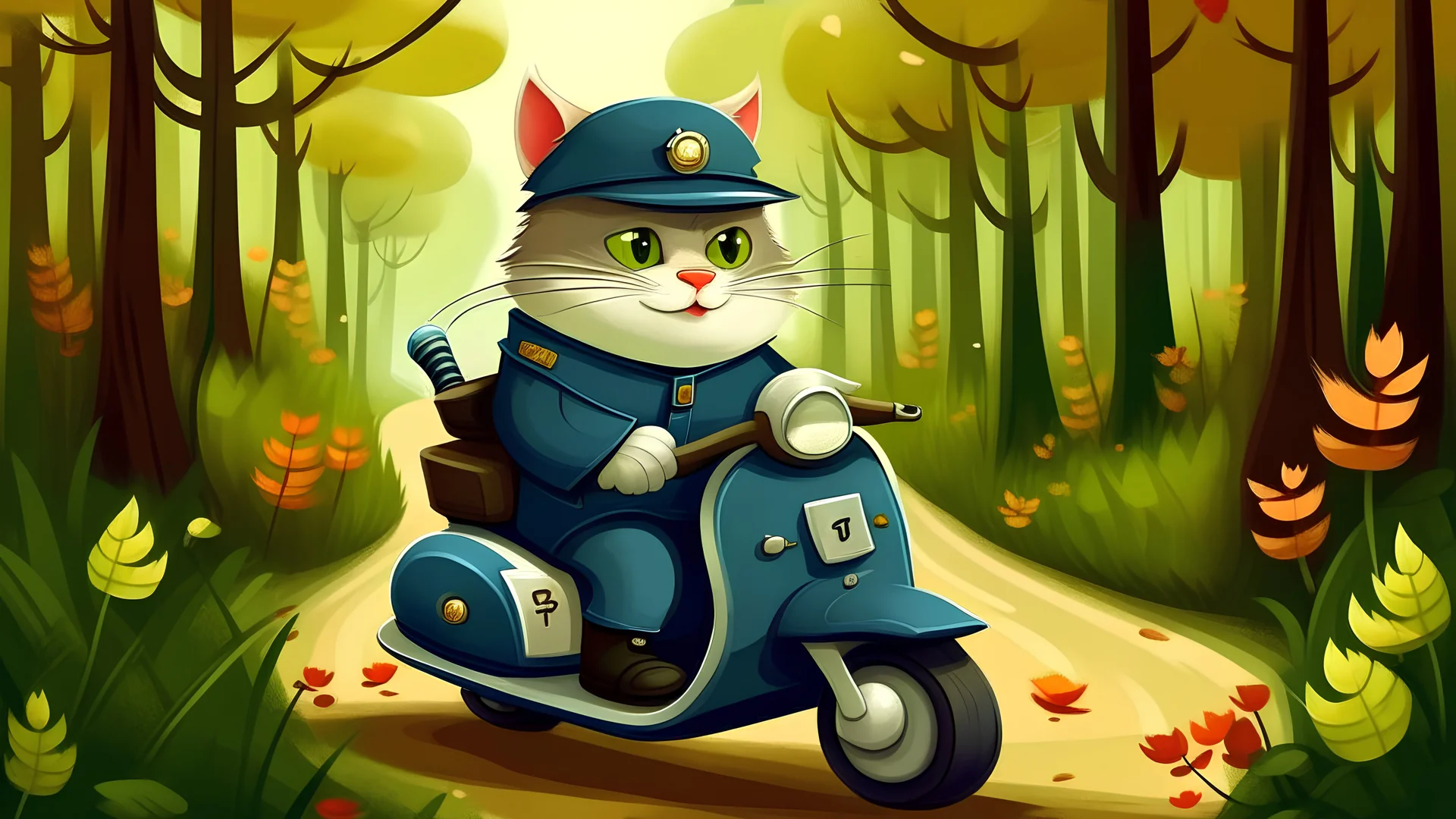 Cat policeman, riding a scooter in a wood