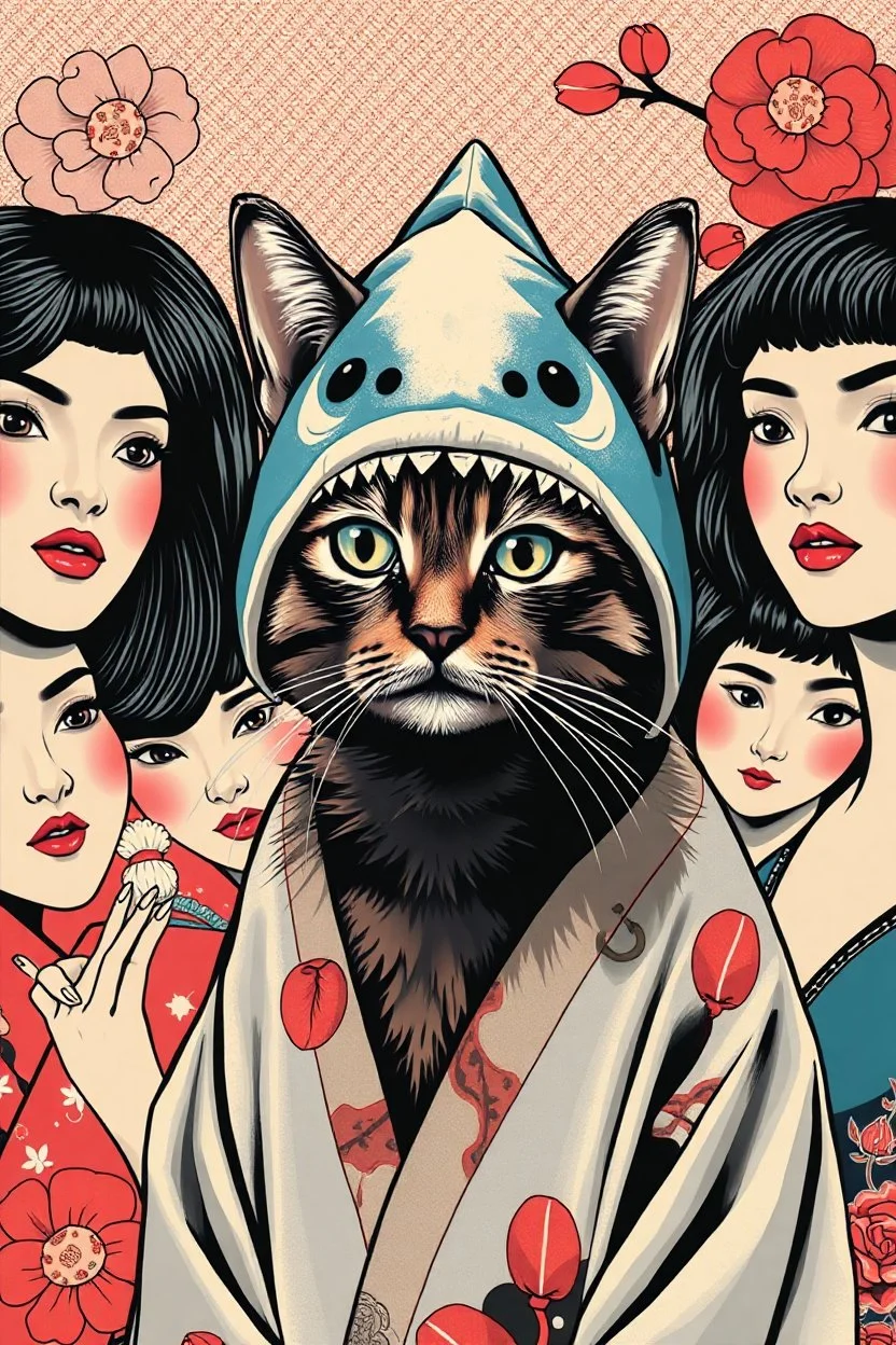 cat with shark mask hat solana surrounded by beautiful model women japanese style in the style of warhol