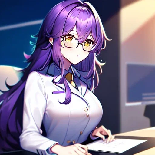 Clear focus, 8k, high quality, detailed, beautiful lighting, girl, vibrant colors, purple long hair, vibrant golden eyes, office clothes, glasses, messy hair, sitting,