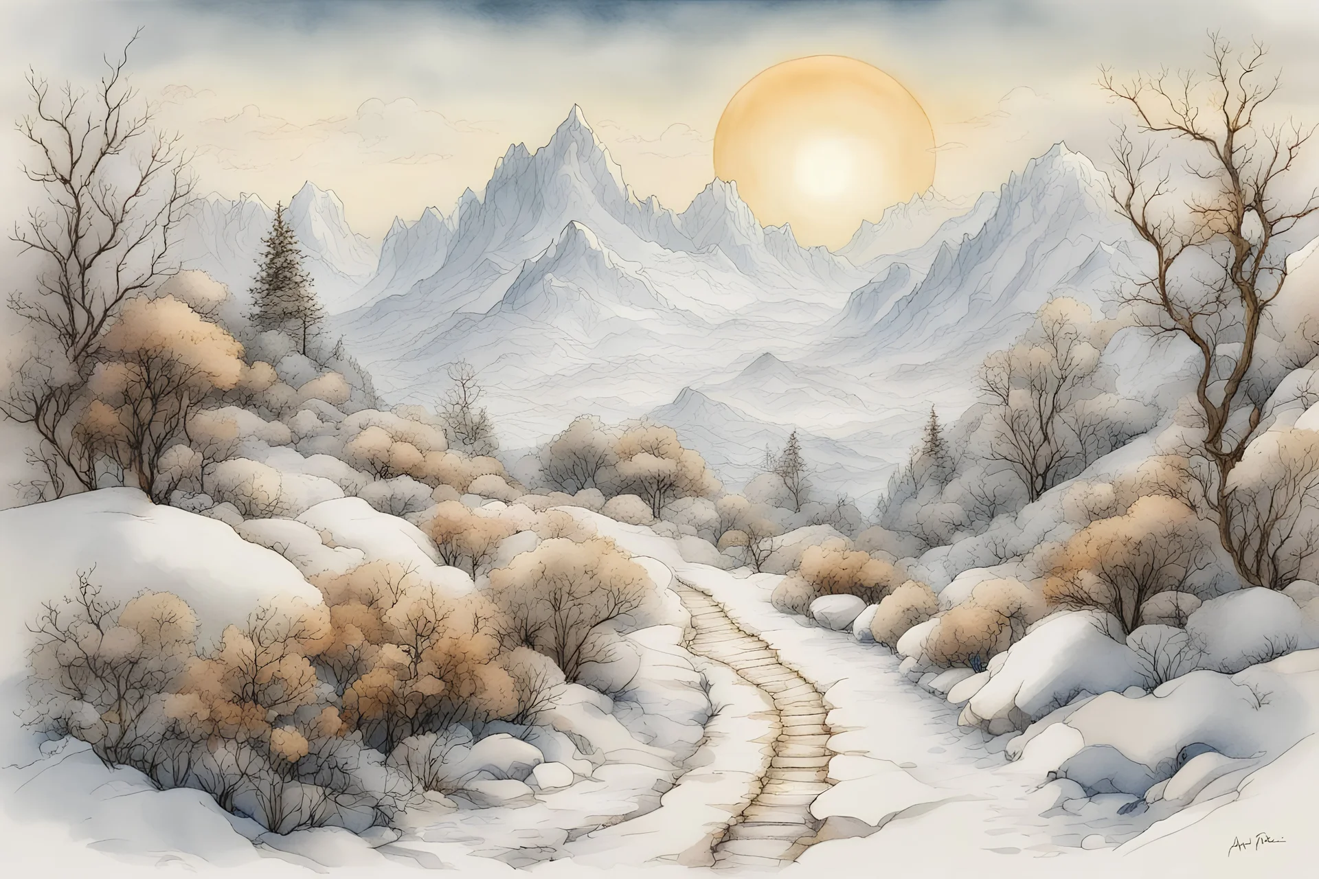 landscape with a path with bushes and trees, in the background picturesque mountains, winter scene with snow and sun, line art, and watercolor, by Anton Pieck, by Otto Riet, by Hugo Pratt, flowers, clouds, watercolor, drawing, pen, [ink color], colored, intricate detailed Modifiers: highly detailed digital painting ultra reallistic fantasy very attractive beautiful award winning photograph 4K 3D colourful