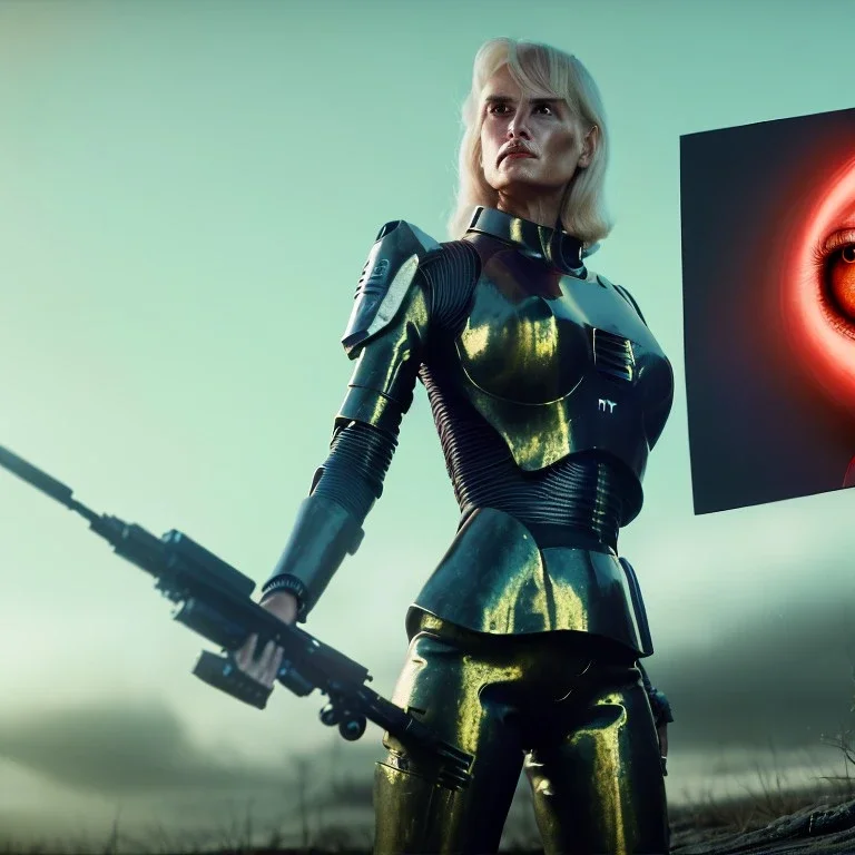 Ultra Realistic retro sci-fi movie war scene, waist up view portrait, blonde woman pointing a gun, sweet young Daryl Hannah face, perfect iris, glow eyes, makeup, weapon. War background, Retro sci-fi style, tight latex coat, fog, rain, soft color, highly detailed, unreal engine 5, ray tracing, RTX, lumen lighting, ultra detail, volumetric lighting, 3d, finely drawn, high definition, high resolution.