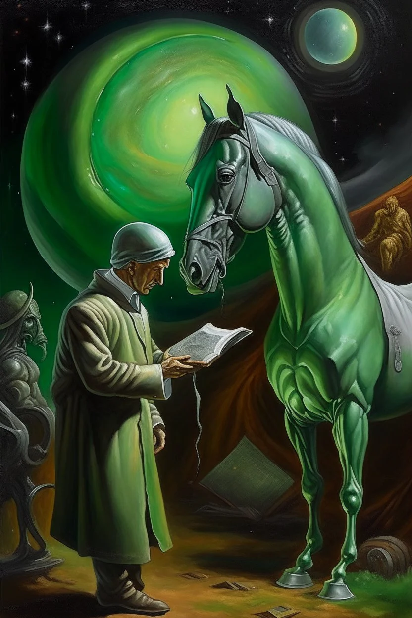 Doctor discovering alien inside horse,prize winning oil painting,book cover illustration