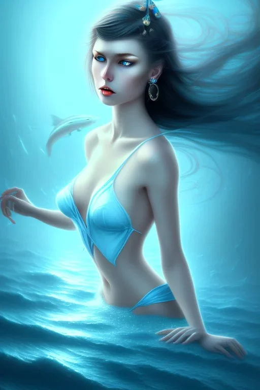 lady muse with black hair blue eyes top in the ocean