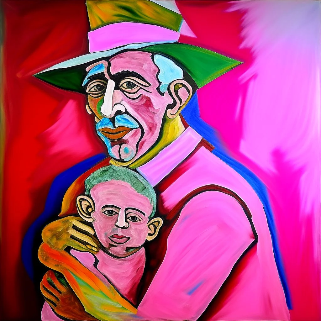 picasso man met kind op rug roze realistisch geschilderd