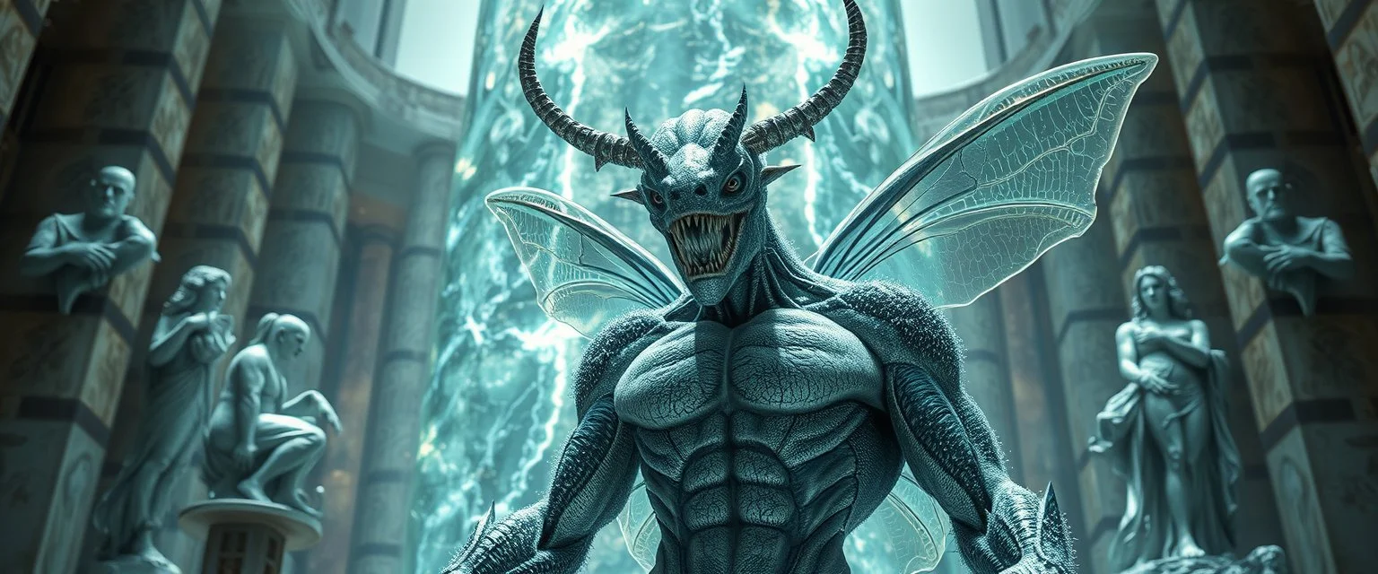 ultimate nephilim newt coy insect cyberpunk cowboy brilliant detailed full figure portrait disco glittery fluffy muscle man dino anime in the style of Escher and Giger in front of dented marble tower of transparent glass statues