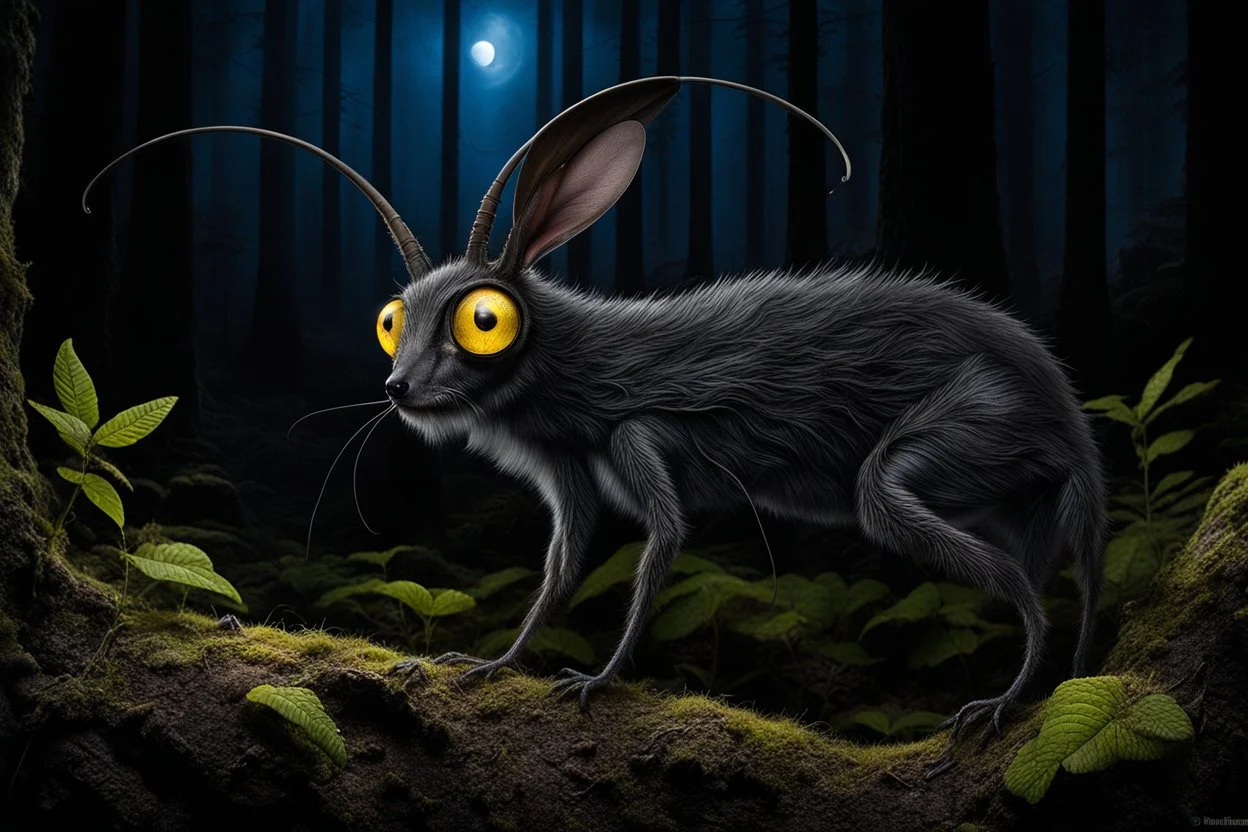 The nocturnal forest creature shown in the picture, the Nosferat, is able to find its way around in the dark (with its two large yellow glowing eyes). On its head, it wears elongated, dark ears and two thin antennae-like hairs, with which it can hear and recognize even the tiniest sounds. A (its body is slender, with smooth black-silver scales), so it can hide very well. It feeds on predatory forest animals and birds, and also sucks their blood. Its two front needle-like teeth help it suck blood